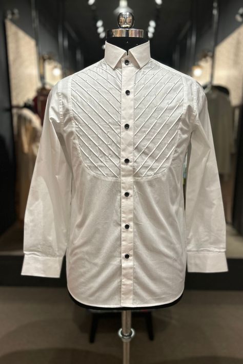 white pintex tuxedo shirt with cutdana work for mens to wear in wedding parties - specially designed by Vestidoz by Renu-Ka-Shivam, Tuxedo shirt,