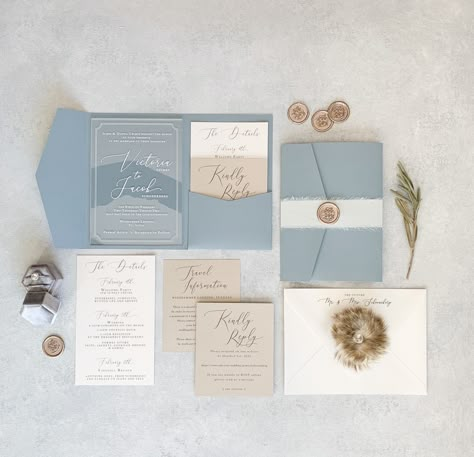 Tri Fold Invitation Wedding, Shades Of Blue Wedding Invitations, Wedding Invitation Sets Layout, Wedding Formal Invitations, Dusty Blue Invitations Wedding, Blue Wedding Invitations Elegant, Elegant Save The Date Ideas, Elegant Wedding Invitations Classy, Clear Invitations