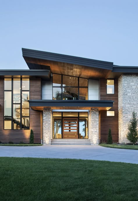 Bohns Point | Architectural Design in Wayzata, MN | David Charlez Designs Mountain Modern Home Exterior, Modern Mountain Home Exterior, Modern Industrial House, Industrial House Exterior, Mountain Contemporary Home, Contemporary Mountain Home, Rustic Architecture, Mountain Home Interiors, Modern Mountain House