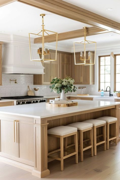 Two Islands Kitchen, White Brown Kitchen Cabinets, White Gold And Wood Kitchen, Kitchens Oak Cabinets, Modern Red Oak Kitchen Cabinets, Cabinet Designs For Kitchen, White And Brown Kitchen Ideas, Vedhamn Oak Kitchen Ikea, House With Kitchen At Entrance