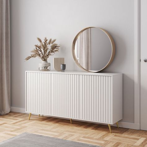 Canora Grey Alhard 154.5 Cm Wide Sideboard | Wayfair.co.uk Grey Dinning Room, How To Decorate A Sideboard, Sideboard Uk, Hallway Sideboard, Elegant Living Room Decor, Sideboard Grey, Wide Sideboard, Furniture Board, Mirror Design Wall