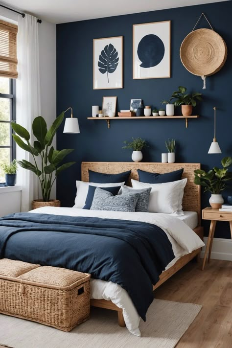 20 IKEA Inspired Bedroom Designs You’ll Love – ToolzView Ikea Inspired Bedroom, Dark Blue Bedrooms, Blue Bedroom Walls, Dark Blue Walls, Blue Bedroom Decor, Blue Rooms, Bedroom Refresh, Master Bedrooms Decor, Blue Bedroom