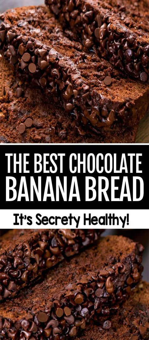 This delicious fudgy chocolate banana bread recipe can be vegan, gluten free, and oil free.. and it tastes like eating cake for breakfast! Best Chocolate Banana Bread, Healthy Chocolate Banana Bread, Healthy Chocolate Banana, Chocolate Banana Bread Recipe, Menu Sarapan Sehat, Healthy Chocolate Recipes, Banana Dessert Recipes, Healthy Banana Bread, Chocolate Bread