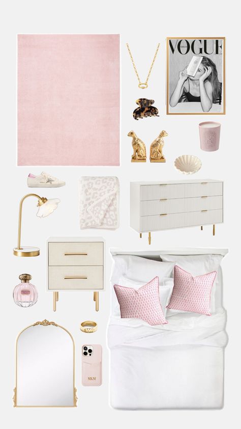 pink, white, gold, bedroom inspo, gossip girl tvshow, blaire, serena, pillows, bed, shoes, mirror, aesthetic, inspiration Pink White Gold Bedroom, Gossip Girl Bedroom, Shuffles Room, White Gold Room, Pink Gold Bedroom, White Gold Bedroom, Gold Room Decor, Gold Bedroom Decor, White Room Decor