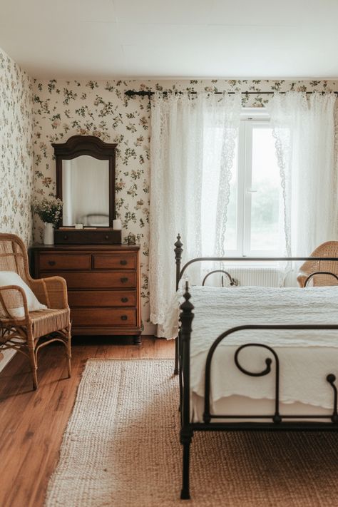 Get an old-school vintage farmhouse bedroom look with these tips and ideas. Farmhouse Bedroom With Wallpaper, Antique Boho Bedroom, Bedroom Old Style, Jenny Lind Bedroom, Old Bedroom Vintage, Country Bed, Vintage Farmhouse Bedroom, Vintage Inspired Bedroom, Enchanting Places