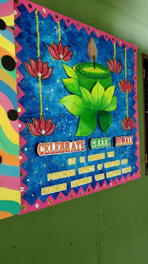 Green And Safe Diwali Poster, Green Diwali Board Decoration, Diwali Book Decoration, Diwali Softboard Decoration, Rakhi Celebration Decoration, Diwali Decorations At Classroom, Green Diwali Poster Creative Painting, Green Diwali Drawing, Diwali Decorations At School Bulletin Board Decoration