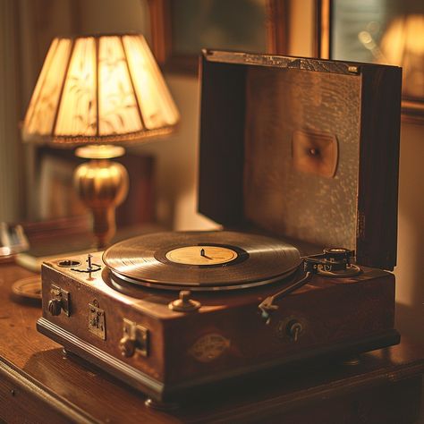 "Vintage Record Player: A #classic #vintage #recordplayer rests on a #wooden table, illuminated by #warm #ambient #lighting. #music #turntable #aiart #aiphoto #stockcake ⬇️ Download and 📝 Prompt 👉 https://stockcake.com/i/vintage-record-player_817618_798555" Cool Old Stuff, Christmas Records Aesthetic, 1920s Radio Aesthetic, Victrola Record Player Aesthetic, Old Record Player Aesthetic, Vintage Decor Aesthetic, Retro Radio Aesthetic, Vintage Record Player Aesthetic, Warm Light Aesthetic