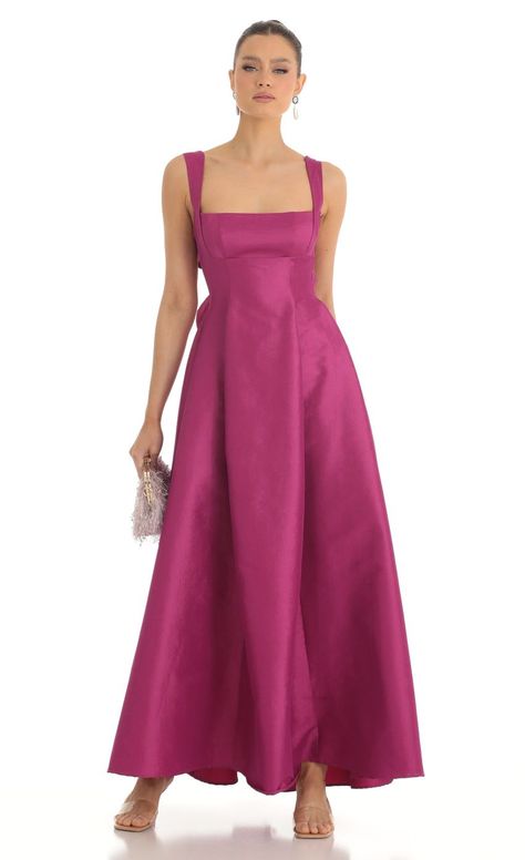 Fit and Flare Maxi Dress in Dark Pink | LUCY IN THE SKY Fit And Flare Bridesmaid Dress, Wedding Guest Fit And Flare Dress, Long Sleeve Garden Party Dress, Raspberry Formal Dress, Dark Pink Ball Gown, Summer Black Tie Dress, Fun Wedding Guest Dress, Elevated Cocktail Attire, Fancy Dresses Pink