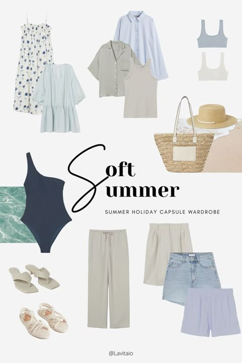 Summer Mute Cool Outfits, Soft Colour Outfit, Muted Summer Capsule Wardrobe, Summer Outfit Pastel, Soft Summer Beachwear, Fair Soft Summer Outfits, Soft Summer Colour Palette Outfits, Pastel Colour Wardrobe, Classic Summer Color Palette Outfits