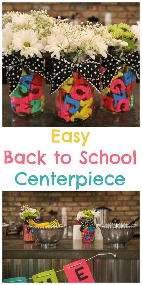 I mentioned HERE that I was asked to be in charge of providing breakfast and snacks for my school’s teachers during our work week. When I started planning, I envisioned a bunch of cute back-to-school flower arrangements (inspiration HERE). I was dreaming aloud one day with our art teacher about my ideas, but then I … Back To School Centerpieces, Teacher Appreciation Centerpieces, Breakfast Table Centerpiece, School Centerpieces, Teacher Appreciation Breakfast, Welcome Back Teacher, Easy Thanksgiving Sides, Teacher Retirement Parties, Teacher Lunches