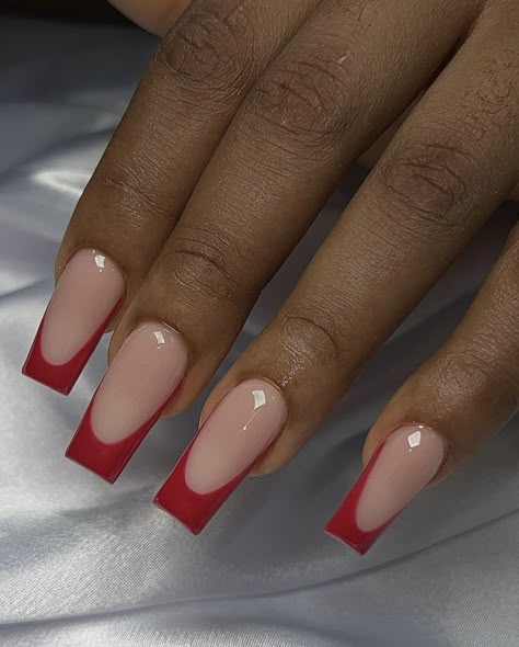 Red French Tip Tapered Square Nails, Prom Nails Red French Tip, Res French Tip Nails Square, Red Tapered Square Nails Short, Red Nail Tips Acrylic, Light Red French Tip Nails, Red Acrylic Nails Tapered Square, French Tip Acrylics Square, Small Red French Tip Nails