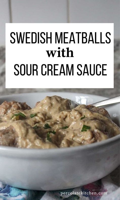 Swedish meatballs of lightly spiced ground pork, with a rich and velvety sour cream sauce! Serve this easy weeknight dinner over egg noodles. Swedish Meatballs Sour Cream, Swedish Meatballs With Egg Noodles, Meatballs With Egg Noodles, Noodles Dinner, Swedish Meatballs Easy, Meatball Sauce, Sour Cream Sauce, Sour Cream Recipes, Crispy Baked Chicken