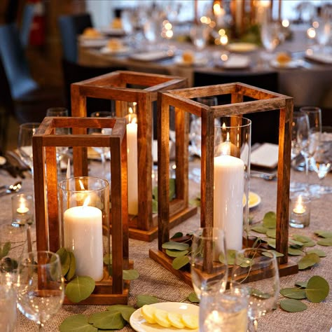 Wood Lantern Wedding, Diy Wood Lanterns, Diy Wooden Lantern, Wood Lantern Centerpiece, Wedding Decorations Diy Centerpiece, Wood Lanterns, Cheap Wedding Centerpieces, Lantern Decor Wedding, Lantern Centerpiece Wedding