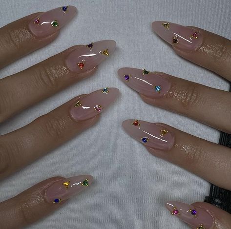 Multi Color Gem Nails, Rainbow Rhinestone Nails, Nude Nail Designs With Rhinestones, Nude Rhinestone Nails, Nude Nails With Rhinestones, Strass Nails, Gem Nail Designs, Nail Jewels, Nails Today