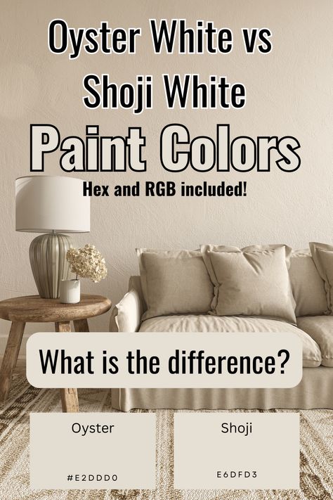 In this article, you will learn about Oyster White and Shoji White paint colors including a side-by-side comparison. If you are considering either of these colors, the following information will help you make the right decision. Oyster White Coordinating Colors, Shoji White Interior Walls, Oyster White Color Palette, Oyster White Vs Shoji White, Shoji White Living Room, Oyster Paint Color, Oyster White Interior, Shoji White Vs Greek Villa, Shoji White Coordinating Colors