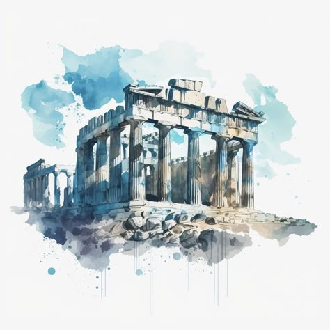 Greek Architecture Painting, Watercolor Mythology, Greece Watercolor Painting, Watercolor Paintings Nature, Watercolor Art Journal, A Level Art Sketchbook, Watercolour Landscape, Ancient Greek Art, Dreamy Artwork