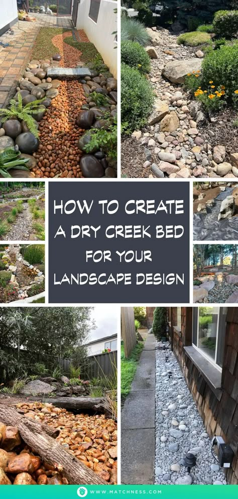 How to Create a Dry Creek Bed for Your Landscape Design - Matchness.com Backyard Dry Creek Landscaping, Stone River Garden Dry Creek Bed, Dry Rock Riverbed Landscaping, Garden Dry Creek Bed, Dry Riverbed Landscaping Slope, How To Make A Dry Creek Bed For Drainage, Side Yard Drainage Ideas, Dry Bed Landscaping, Dry River Bed Drainage