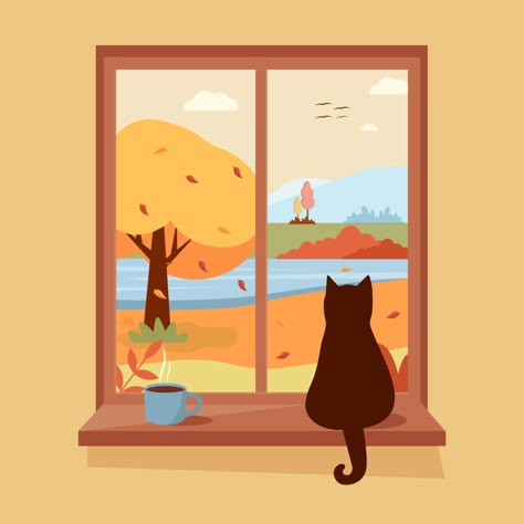 Autumn Window Illustration, Windows Illustration Drawing, Window Sill Illustration, Cute Window Illustration, Cozy Cat Drawing, Cat Window Illustration, Cat In Window Illustration, Window Drawings Art, Cute Window Drawing