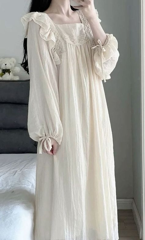 Silky Nightgown Aesthetic, Victorian Style Nightgown, Floor Length Nightgown, Victorian Pjs, Sleep Gown Aesthetic, Princess Nightgown Aesthetic, Pajama Dress Nightgowns, Victorian Nightgown Aesthetic, Victorian Loungewear