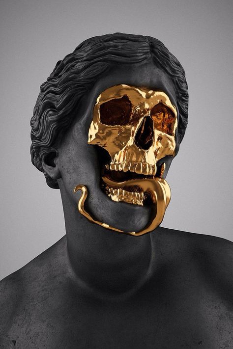 Black goddess statue with gold skeleton face & tongue 심플한 그림, Psy Art, Sculpture Installation, Anatomy Art, Skull And Bones, Steampunk Fashion, Skull Art, Dark Art, Sculpture Art