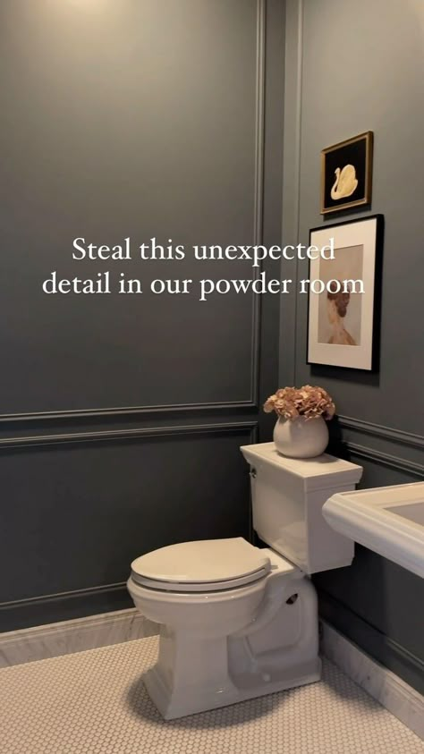 These marble baseboards are one of my favorite details in our powder room. I love how they pop against the moody walls and really help to… | Instagram Tile Baseboard Ideas, Half Bathroom Wainscoting, Main Floor Powder Room Ideas, Dark Moody Half Bathroom, Wall Moulding Powder Room, Powder Bath Molding, Long Powder Room, Wallpaper Powder Room Small Dark, Dark Grey Powder Room