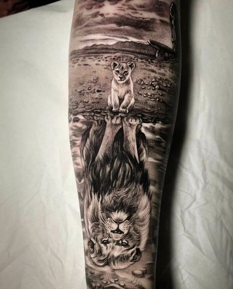 Reflection Tattoo, Lion Forearm Tattoos, Lion King Tattoo, Animal Sleeve Tattoo, Lion Tattoo Sleeves, Wolf Tattoo Sleeve, Mens Lion Tattoo, Lion Head Tattoos, Men Tattoos Arm Sleeve