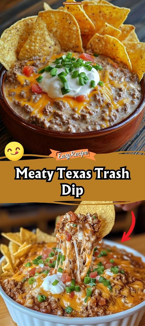 Dive into the hearty Meaty Texas Trash Dip, loaded with ground beef, beans, and melted cheese, spiced up with a touch of Tex-Mex flair. This dip is a hit at gatherings, ensuring no one walks away hungry. Serve it hot with tortilla chips for dipping. #TexasTrashDip #PartyDip #HeartyAppetizer Trash Dip Recipe, Dip With Ground Beef, Meaty Appetizers, Texas Trash Dip, Ground Beef Beans, Chip Dip Recipes, Dip Recipes Hot, Dip For Tortilla Chips, Texas Trash