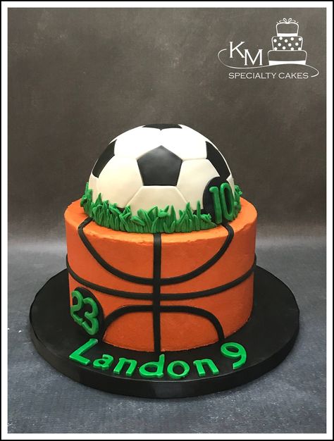 Soccer and basketball cake Basketball Football Cake, Soccer Basketball Cake, Basketball And Baseball Cake, Half Soccer Half Basketball Cake, Basketball And Soccer Cake, Sports Cakes For Boys Birthdays, Sports Cake Ideas, Cake Bola, Sports Birthday Cake