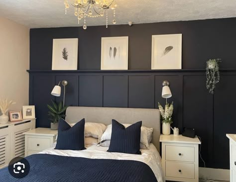 Bedroom Panelling Ideas Accent Wall, Modern But Homey Bedroom, Navy Half Wall Panelling, Navy Bedroom Panelling Wall, Bedroom Navy Panelling, Navy Bedroom Feature Wall, Navy Wood Panelling Bedroom, Navy Blue Paneling, Navy Wall Panelling Bedroom