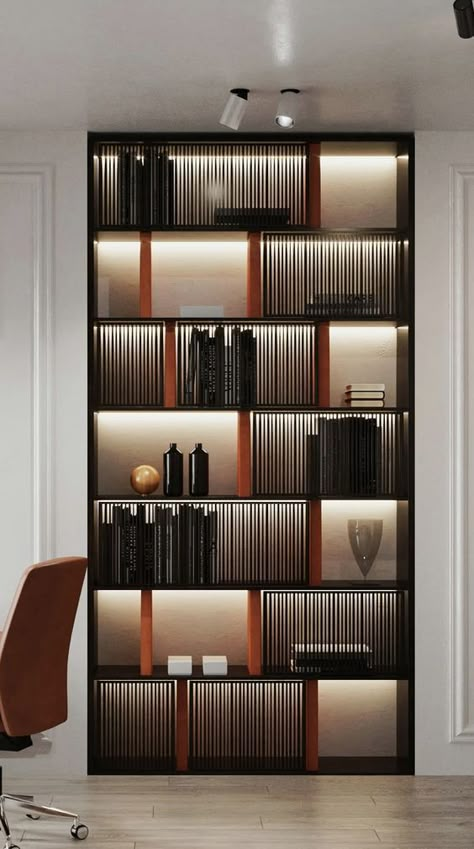 Modern Bookcase Design, Bookcase Decorating Ideas, Luxury Bookcase, Zimmer Diy, Dark Hallway, Bookcase Design, Bookcase Decor, Shelving Design, Modern Bookcase