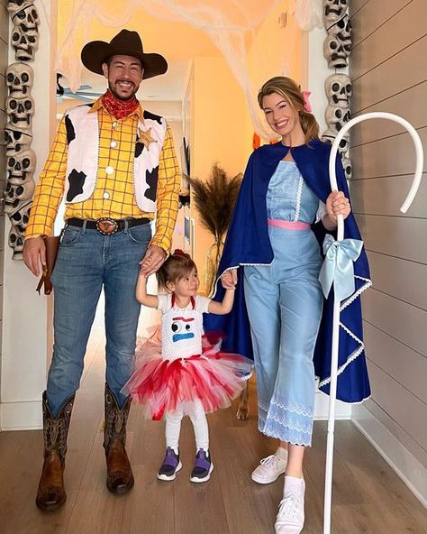 Holloween Costume Ideas Toy Story, Toy Story Family Of 3 Costumes, Women’s Toy Story Costume, Toy Story Women Costume, Toy Story Family Costumes Diy, Toy Story Costumes Family, Toy Story Halloween Costumes Families, Bo Peep Costume Diy Woman, Diy Bo Peep Costume Women