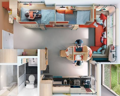 The student residences designed by Fabrica in Bangkok are multifunctional thanks to modular elements that can be configured according to one’s needs. Smart Home Interior, Student Hostel, Student Bedroom, Hostels Design, Resource Furniture, Hostel Room, Student Apartment, Dorm Design, Student Room