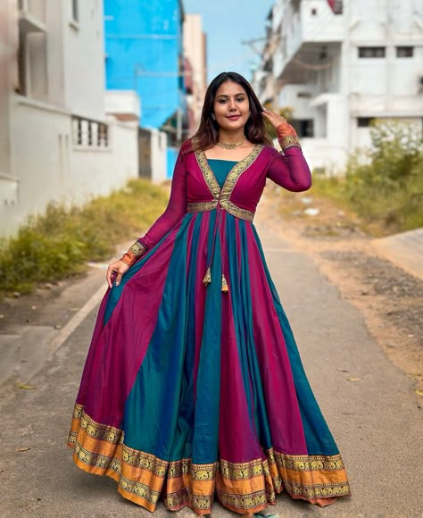 RADHA🌸- DIWALI EDITION LK295 Grab this beautiful Narayanpet gown in vibrant color combination for your upcoming festive season . Long Gown From Saree, Dresses Ideas From Saree, Long Gown Design From Saree, Sarees Dress Design, Latest Designer Dresses Fashion Designers, New Latest Designer Dresses, Color Combinations For Dress, Saree Dress Design Ideas Frock, Gown From Saree Designs