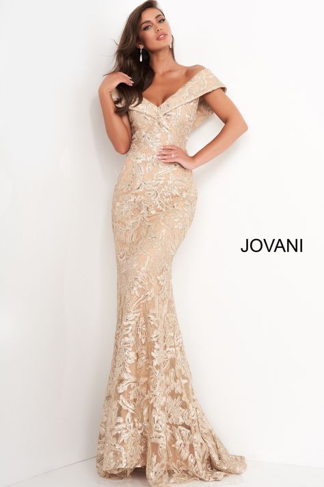 Jovani 02923 | Gold Embellished Lace Fitted Evening Dress Gold Lace Gown, Gold Lace Dress, Pageant Evening Gowns, Gold Lace Dresses, Silver Cocktail Dress, Gold Evening Dresses, Gold Prom, Lace Dress Design, Beautiful Long Dresses