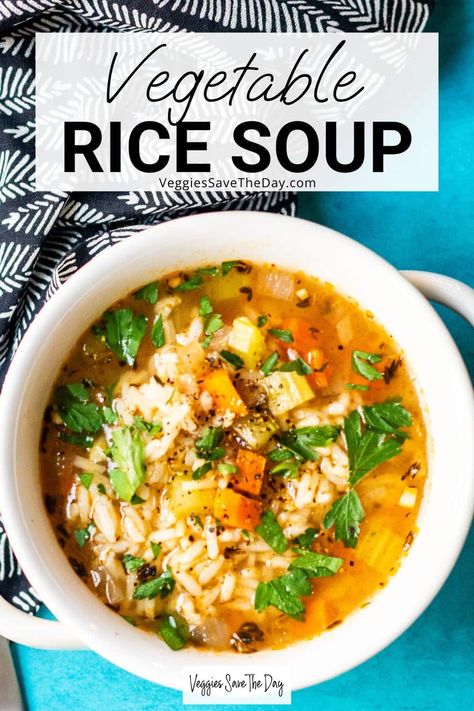 Carrot Rice Soup, Simple Vegetarian Soup Recipes, Vegetarian Soup With Rice, Veggie Soup With Rice, Plant Based Vegetable Soup, Vegetable And Rice Soup, Easy Vegetarian Soups, Vegan Rice Soup, Vegetable Soup No Meat