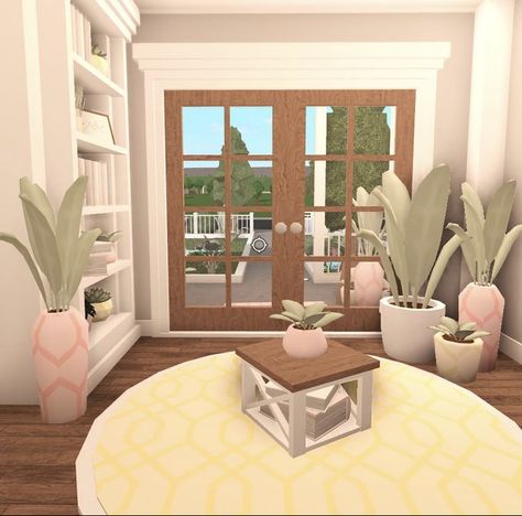 Cozy Living Rooms Bloxburg, Bloxburg House Ideas Exterior Kawaii, Small Pastel Bloxburg Houses, Pink Cottage Bloxburg, Extra Room Ideas Bloxburg, Bloxburg Spring House Interior, Bloxburg Porch Ideas, Vibe Rooms Bloxburg, Mine Aesthetic