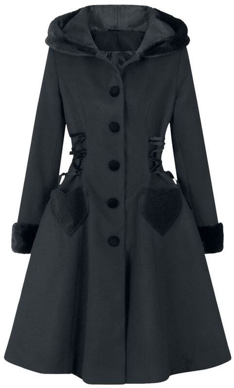 Mode Rockabilly, Rockabilly Mode, Gothic Coat, Black Winter Coat, Bunny Outfit, Gothic Clothes, Black Flare, Rockabilly Fashion, Goth Fashion