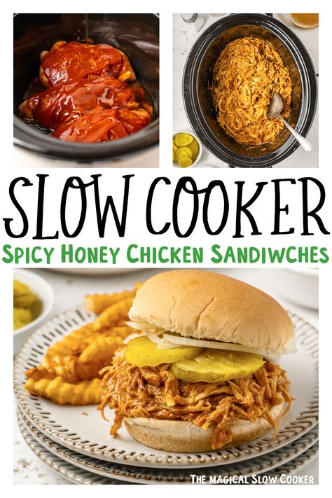 Slow Cooker Spicy Honey Chicken Sandwiches Chicken Sandwich Crockpot, Hot Honey Chicken Sandwich, Honey Chicken Sandwich, Spicy Honey Chicken, Crockpot Foods, Cabin Food, Hot Honey Chicken, Slow Cooker Ideas, Spicy Chicken Sandwiches