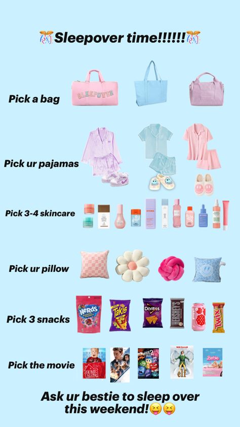 Ur going to ur besties for a sleepover what are u taking and doing??!?!?!? Besties Sleepover, Sleepover Tips, Pick 3, Girly Gifts, Gift Baskets, Pajamas, Sleep