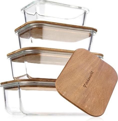 Amazon.com: dokaworld Glass Food Storage Containers With Acacia Lids – Glass Meal Prep Containers – Set of 4 Airtight Stackable Food Storage Kitchen Containers – Eco-Friendly Oven Safe Nesting Lunch Containers: Home & Kitchen Glass Lunch Containers, Food Storage Kitchen, Glass Meal Prep Containers, Glass Meal Prep, Freezer Storage Containers, Glass Storage Containers, Glass Mixing Bowls, Kitchen Containers, Storage Kitchen