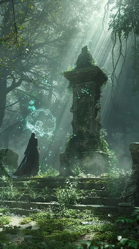 Mystical Forest Scene: A cloaked figure casts a magical spell near an ancient, moss-covered stone monument in a mystical forest. #mystical #forest #magic #cloak #figure #aiart #aiphoto #stockcake ⬇️ Download and 📝 Prompt 👉 https://ayr.app/l/Qc4j Mystical Fantasy Art, Fantasy Magical Forest, Mystical Forest Creatures, Fae Realm Aesthetic, Ancient Magic Aesthetic, Statue In Forest, Forest Creatures Mythical, Epic Fantasy Aesthetic, Fairy Magic Mystical Forest