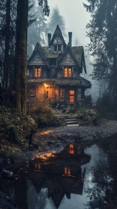 Gothic Cabin In The Woods, Witch Aesthetic Fireplace, Dark Rooms With White Trim, Witch Cabin In The Woods, Spooky Fantasy Art, Spooky House Aesthetic, Spooky Forest Wallpaper, Spooky Fall Wallpaper, Cabin In The Woods Aesthetic