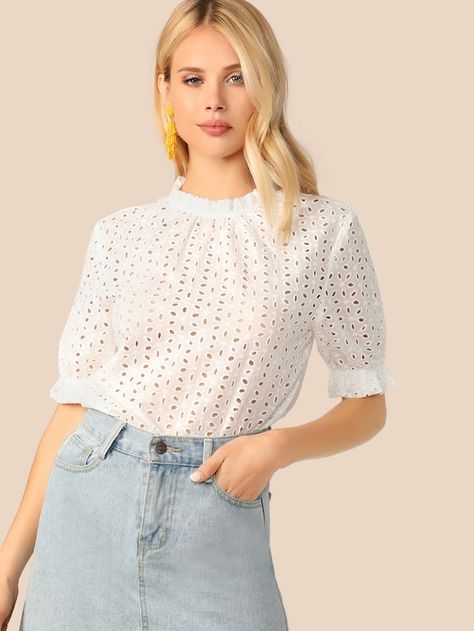 Chicken Tops For Women, Office Outfits Women, Puff Sleeve Blouse, White Eyelet, White Blouse, Summer Women, Blouse Designs, Mock Neck, Fashion News