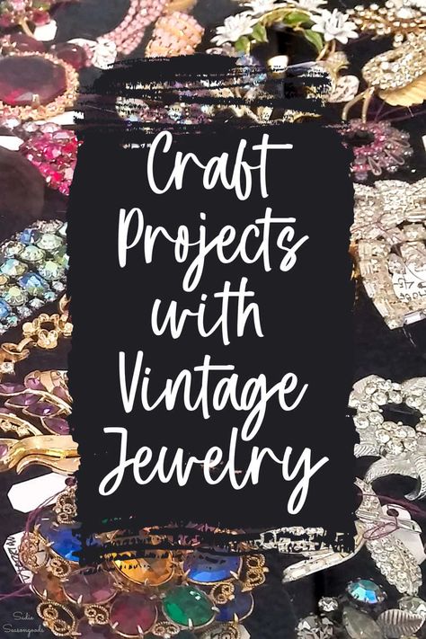 Broken or vintage jewelry has a way of adding up- and thrift store cases often have vases or jars of this jewelry for sale. Which means it really is a fabulous craft supply for any number of projects- including these inspiring craft ideas! Diy Costume Jewelry Crafts, Diy With Old Jewelry, Ways To Use Old Costume Jewelry, Ideas For Old Brooches, Old Pins Ideas, Art With Jewelry Diy Projects, Old Costume Jewelry Crafts, Ideas For Old Jewelry Diy Crafts, Projects With Old Jewelry