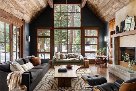 Mountain House Renovation, Minnesota Lake Homes, Lake Tahoe Living Room, Lake Tahoe Cabin Interior, Lake Cabin Interiors Living Room, Cozy Mountain Cabin Aesthetic, Tahoe Cabin Interior, Moody Mountain Living Room, Moody Mountain Aesthetic Home