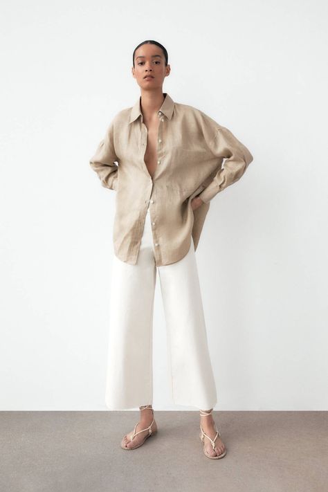 Beige Chemise Outfit, Linen Shirt Women Outfits, Beige Blouse Outfit, Zara Clothes Women, Linen Shirts Women Outfits, Linen Shirt Outfit Women, Linen Blouse Outfit, Linen Shirt Women, Linen Shirt Outfit