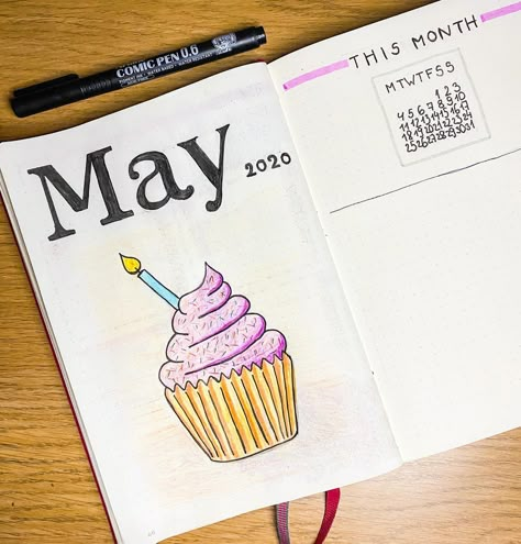 Birthday month! 🥳🎉🎉 And so the theme for May is cupcakes! Quite proud of the lettering even tho it took me about an hour! #bujo #bulletjournal #bujo2020 #maytheme #cupcake #cupcaketheme #maybujo #bujotheme #monthlyspread Bujo Birthday Month, Birthday Month Bujo Theme, Birthday Month Journal Ideas, Birthday Month Bullet Journal, Bujo Birthday Spread, Birthday Bujo, Boju Ideas, Birthday Journal Ideas, 2025 Bujo