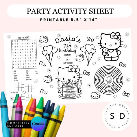 Hello Kitty Activity Sheets are an ideal way to entertain guests at your next themed birthday party. This editable Canva template lets you customize and print, including word search, tic tac toe and seek and find activities. Bring the magic to your party with these fun activities! This design template can be easily edited for print with Canva! Upon purchase, you will immediately receive an email from Etsy with a downloadable PDF file that includes a link to edit your template using Canva. ----------------------------------------------------- TERMS OF USE - Personal Use. You may print the files as many times as you like for your own personal use.- Buyer may not resell, share, trade, give away, or redistribute files in any way (whole or in part) without expressed written permission from Stoc Hello Kitty Activity Sheets, Hello Kitty Birthday Games, Kid Games For Birthday Party, Kawaii Party Ideas, Hello Kitty Party Ideas Decoration, Diy Hello Kitty Birthday Party Ideas, Fun Birthday Party Activities, Hello Kitty Themed Birthday Party, Birthday Word Search