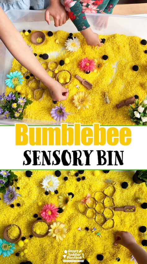 Bumblebee Sensory Bin - Happy Toddler Playtime Bees Sensory Activities, Honey Sensory Bin, Honeybee Sensory Bin, Insects Sensory Bin, Treasure Hunt Sensory Bin, Bee Sensory Table, Bumblebee Activities For Preschool, Rubber Duck Sensory Bin, Bee Activities For Preschoolers