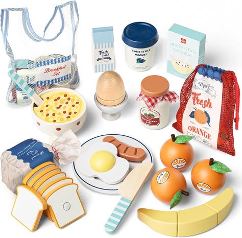 Play Kitchen Toys, Wooden Food Toys, Play Food Storage, Kids Play Kitchen Accessories, Breakfast Staples, Realistic Play Food, Kids Play Food, Toast Eggs, Toy Kitchens